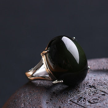 Bague en Obsidienne  "Guérison de L'Âme" en Obsidienne Œil Céleste & Argent