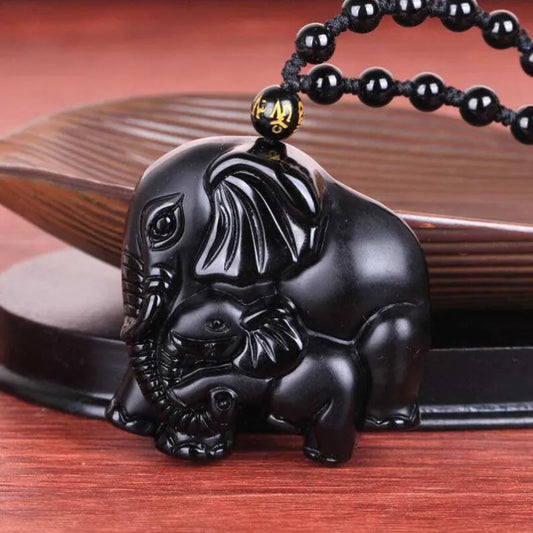 Collier pendentif éléphants en obsidienne