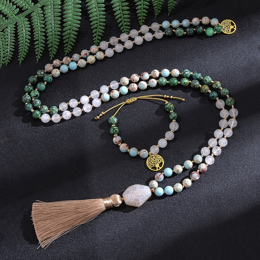 Collier Mala Premium "Sagesse" en Turquoise Africaine, Jaspe Impérial & Jade Blanc